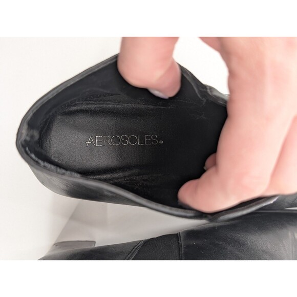 Aerosoles Black Leather Pull On Ankle Square Toe Block Heel Boots Size 8.5 W - Picture 9 of 12